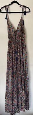 Raga Kavita Tie Tassel Maxi Dress Blue Pink Yellow Paisley Print Boho Sz S